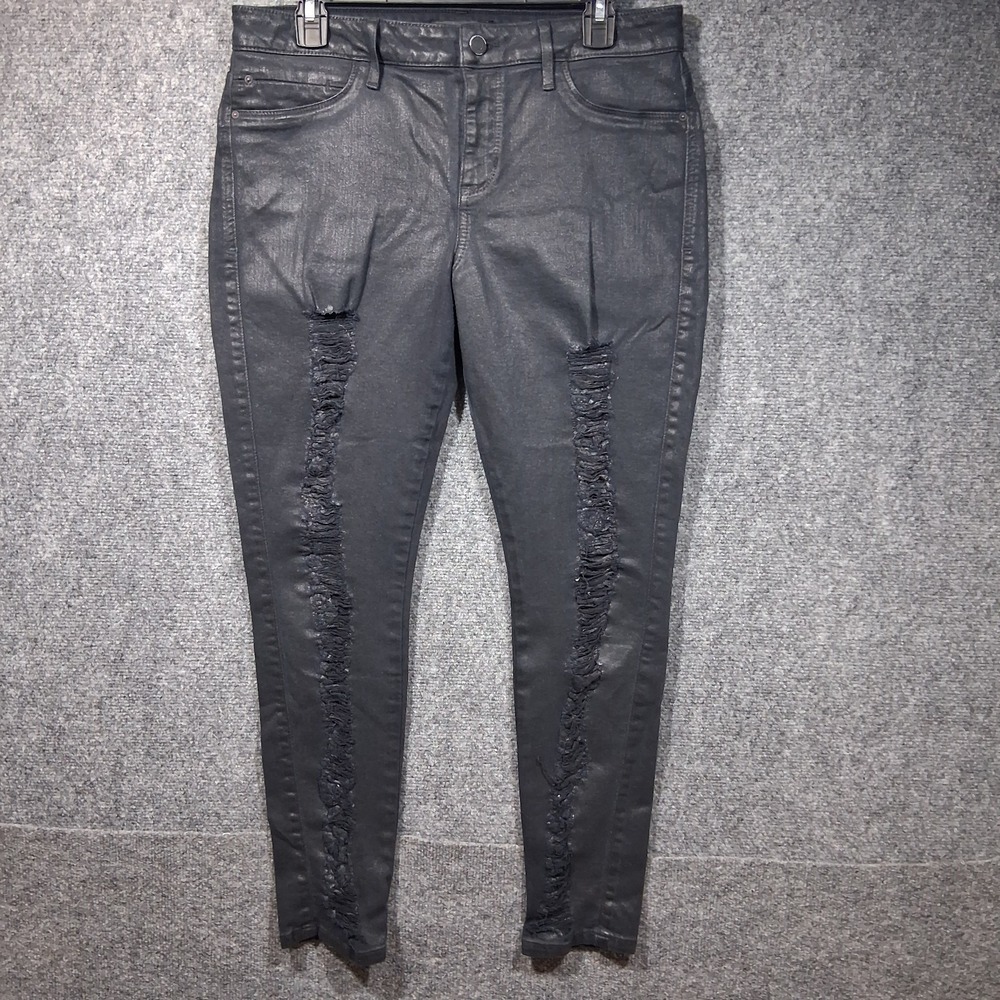 Guess Sexy Curve Skinny Jeans Black Coated Distressed‎ Shredded Mid Rise 33x28